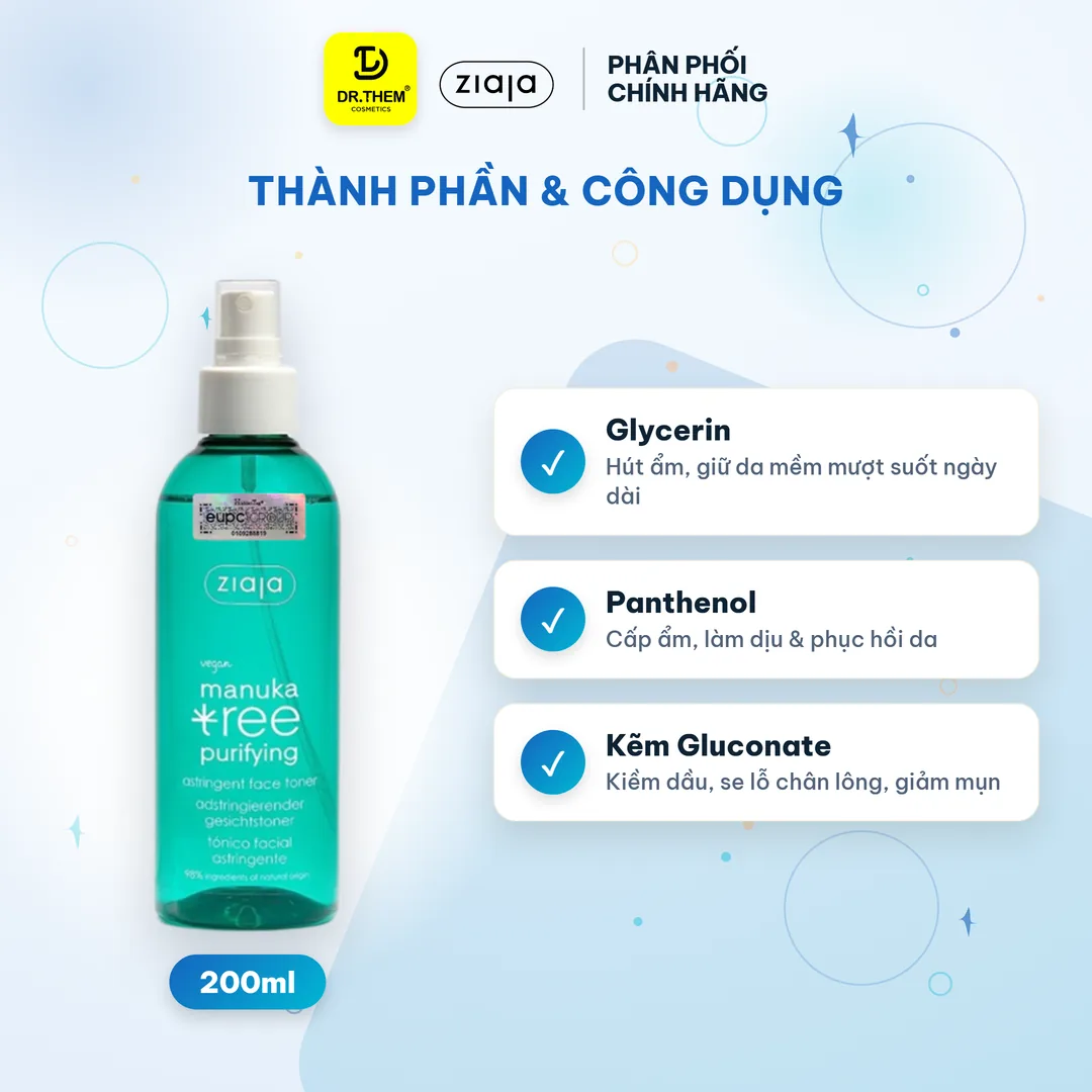 Toner Xịt Khoáng Ziaja Manuka Tree Purifying Astringent Face Se Khít Lỗ Chân Lông Cho Da Dầu Mụn 200ml – thành phần & công dụng