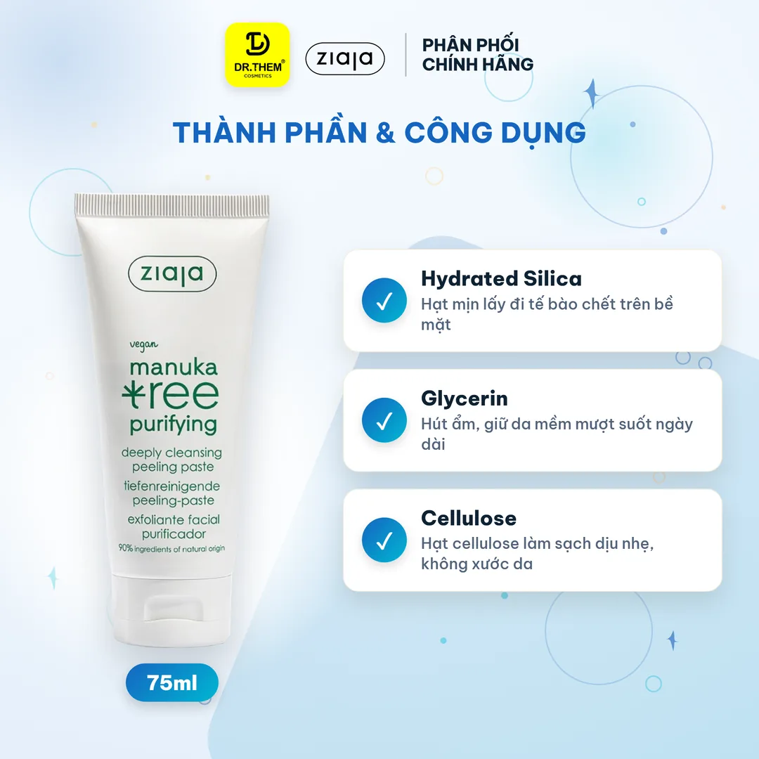 Tẩy Tế Bào Chết Mặt Nạ 3in1 Ziaja Manuka Tree Purifying Deeply Cleansing Peeling Paste Cho Da Dầu Mụn 75ml – thành phần & công dụng