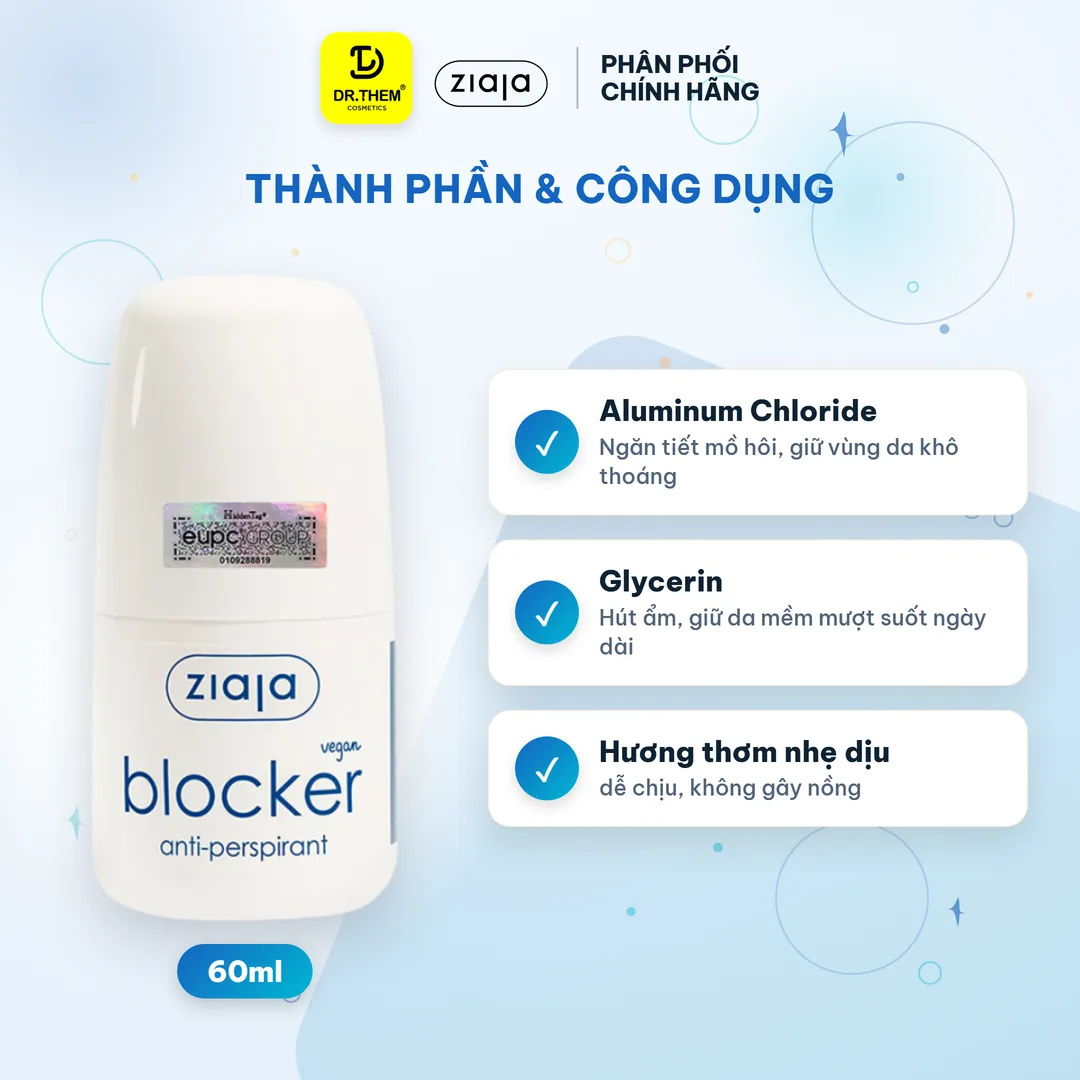 Lăn Khử Mùi Ziaja Blocker Anti-Perspirant Kiểm Soát Mồ Hôi Vùng Nách Thấm Nhanh Không Để Lại Vệt 60ml – thành phần & công dụng