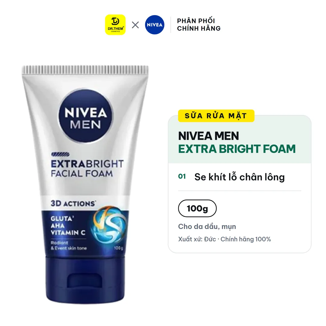 Sữa Rửa Mặt Nivea Men Extra Bright Facial Foam Làm Sạch Sâu Kiềm Dầu Dưỡng Sáng Da Cho Nam 100g