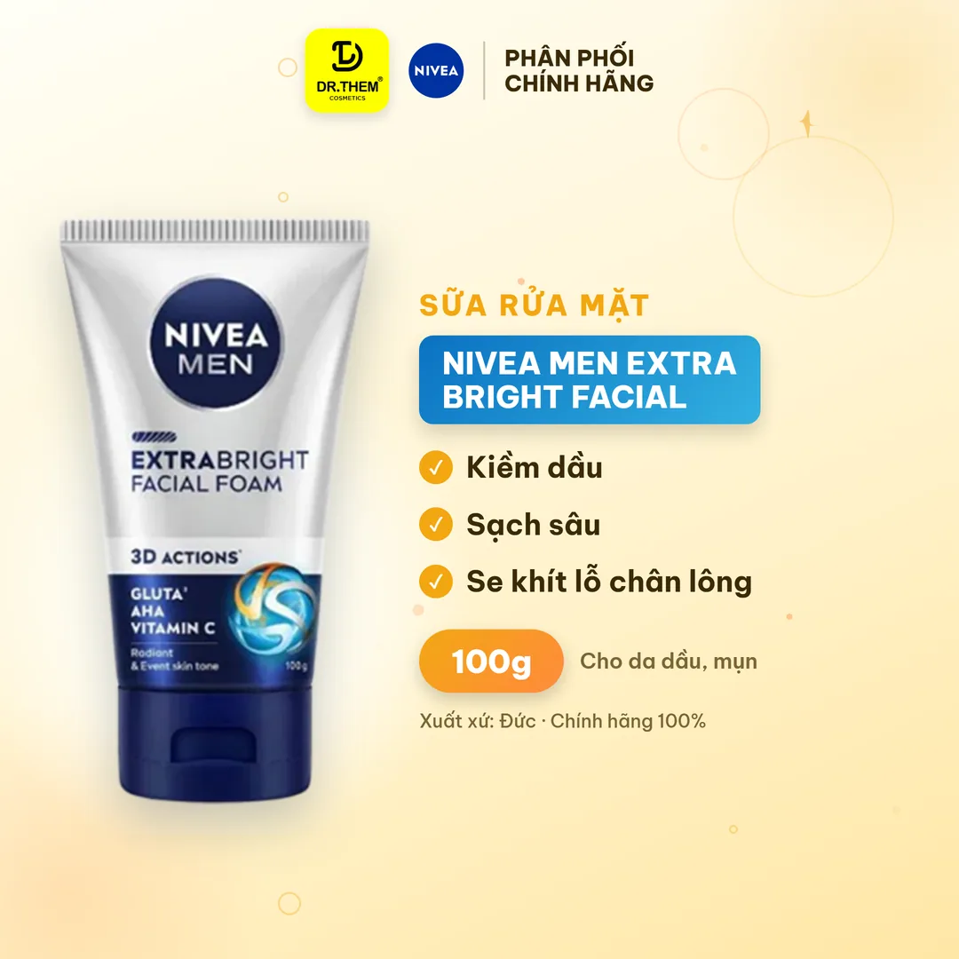 Sữa Rửa Mặt Nivea Men Extra Bright Facial Foam Làm Sạch Sâu Kiềm Dầu Dưỡng Sáng Da Cho Nam 100g