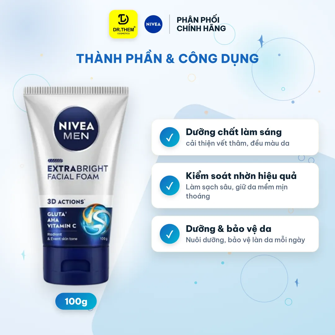 Sữa Rửa Mặt Nivea Men Extra Bright Facial Foam Làm Sạch Sâu Kiềm Dầu Dưỡng Sáng Da Cho Nam 100g 2