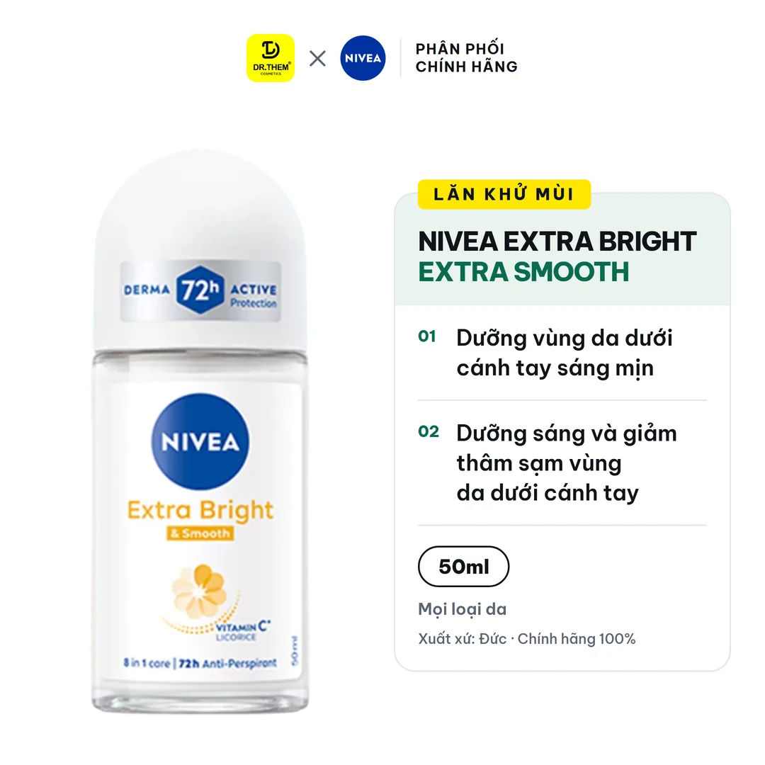 Lăn Khử Mùi Nivea Extra Bright Extra Smooth Ngăn Mồ Hôi 72 Giờ Dưỡng Sáng Vùng Da Dưới Cánh Tay 50ml