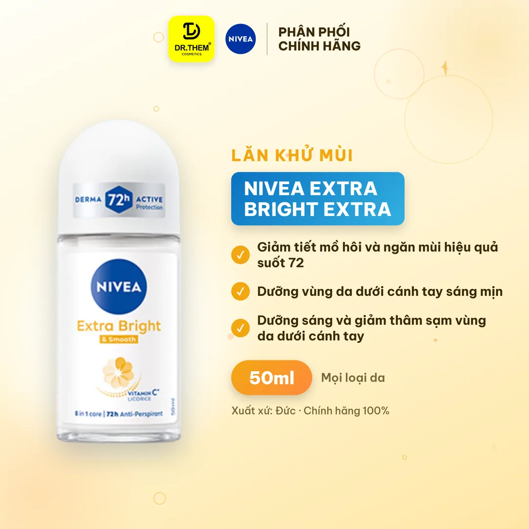 Lăn Khử Mùi Nivea Extra Bright Extra Smooth Ngăn Mồ Hôi 72 Giờ Dưỡng Sáng Vùng Da Dưới Cánh Tay 50ml