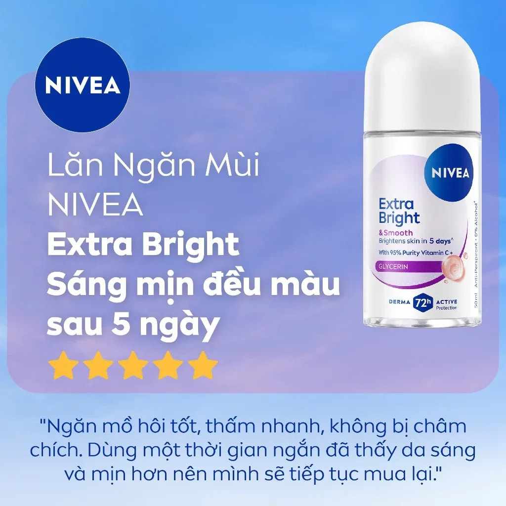 Lăn Khử Mùi Nivea Extra Bright Extra Smooth Ngăn Mồ Hôi 72 Giờ Dưỡng Sáng Vùng Da Dưới Cánh Tay 50ml 6