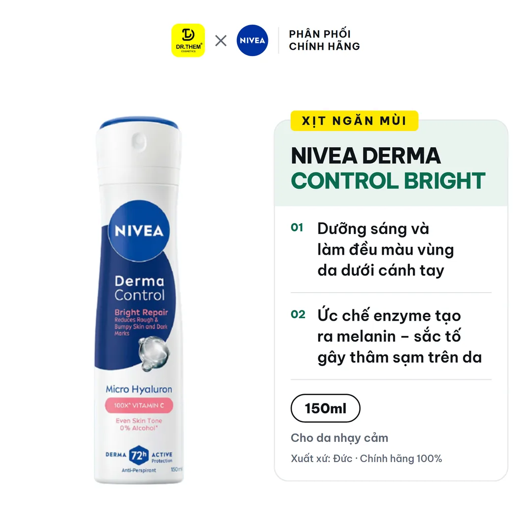 Xịt Lăn Ngăn Mùi Nivea Derma Control Bright Dưỡng Sáng Làm Đều Màu Da Vùng Dưới Cánh Tay 50ml/150ml
