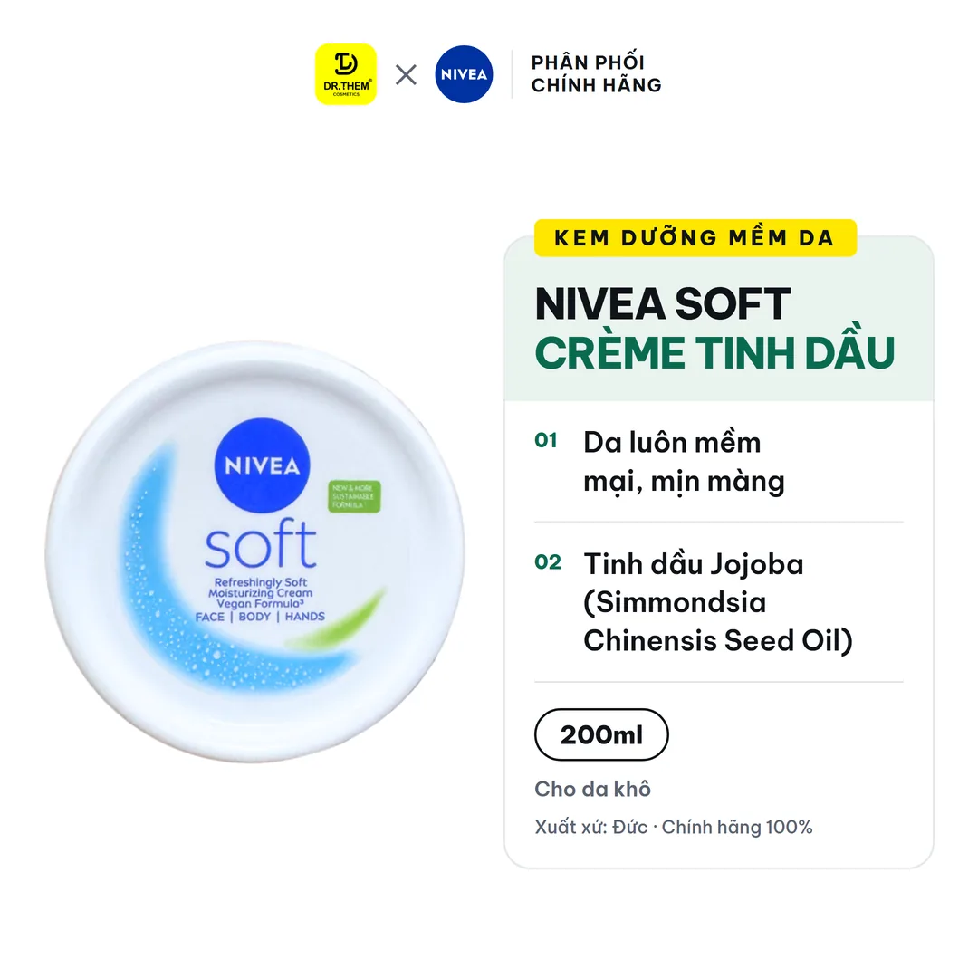 Kem Dưỡng Mềm Da Nivea Soft Crème Tinh Dầu Jojoba Và Vitamin E Dưỡng Ẩm Cho Da Mềm Mịn Dùng Cho Mặt Tay Toàn Thân 200ml