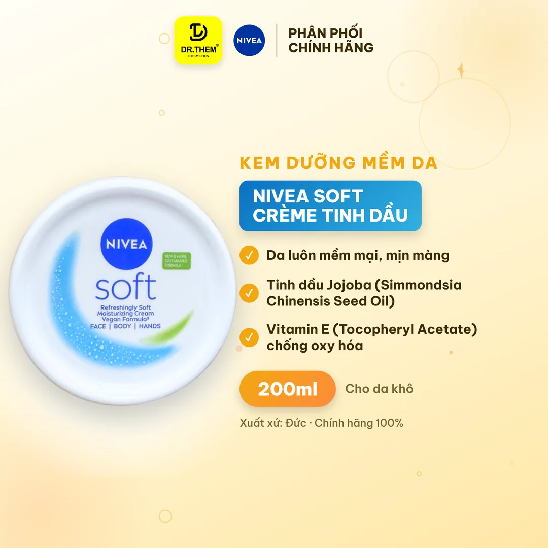 Kem Dưỡng Mềm Da Nivea Soft Crème Tinh Dầu Jojoba Và Vitamin E Dưỡng Ẩm Cho Da Mềm Mịn Dùng Cho Mặt Tay Toàn Thân 200ml