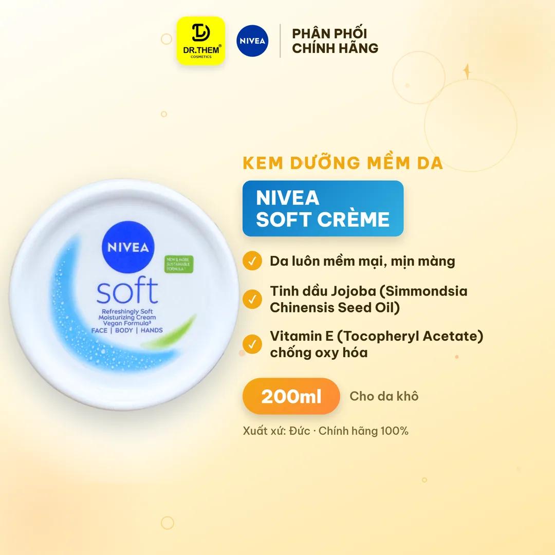 Kem Dưỡng Mềm Da Nivea Soft Crème Tinh Dầu Jojoba Và Vitamin E Dưỡng Ẩm Cho Da Mềm Mịn Dùng Cho Mặt Tay Toàn Thân 200ml