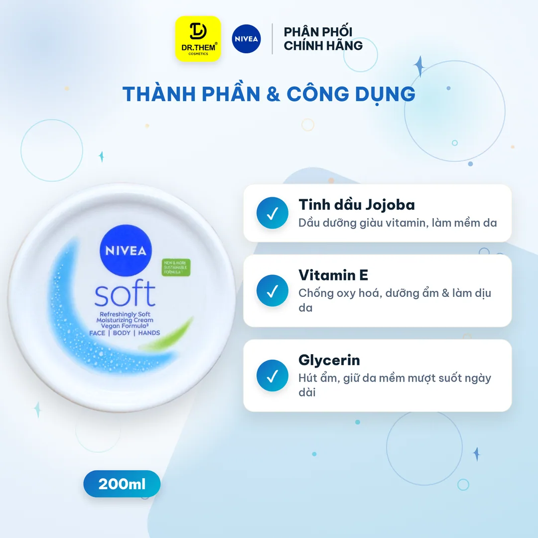 Kem Dưỡng Mềm Da Nivea Soft Crème Tinh Dầu Jojoba Và Vitamin E Dưỡng Ẩm Cho Da Mềm Mịn Dùng Cho Mặt Tay Toàn Thân 200ml 7