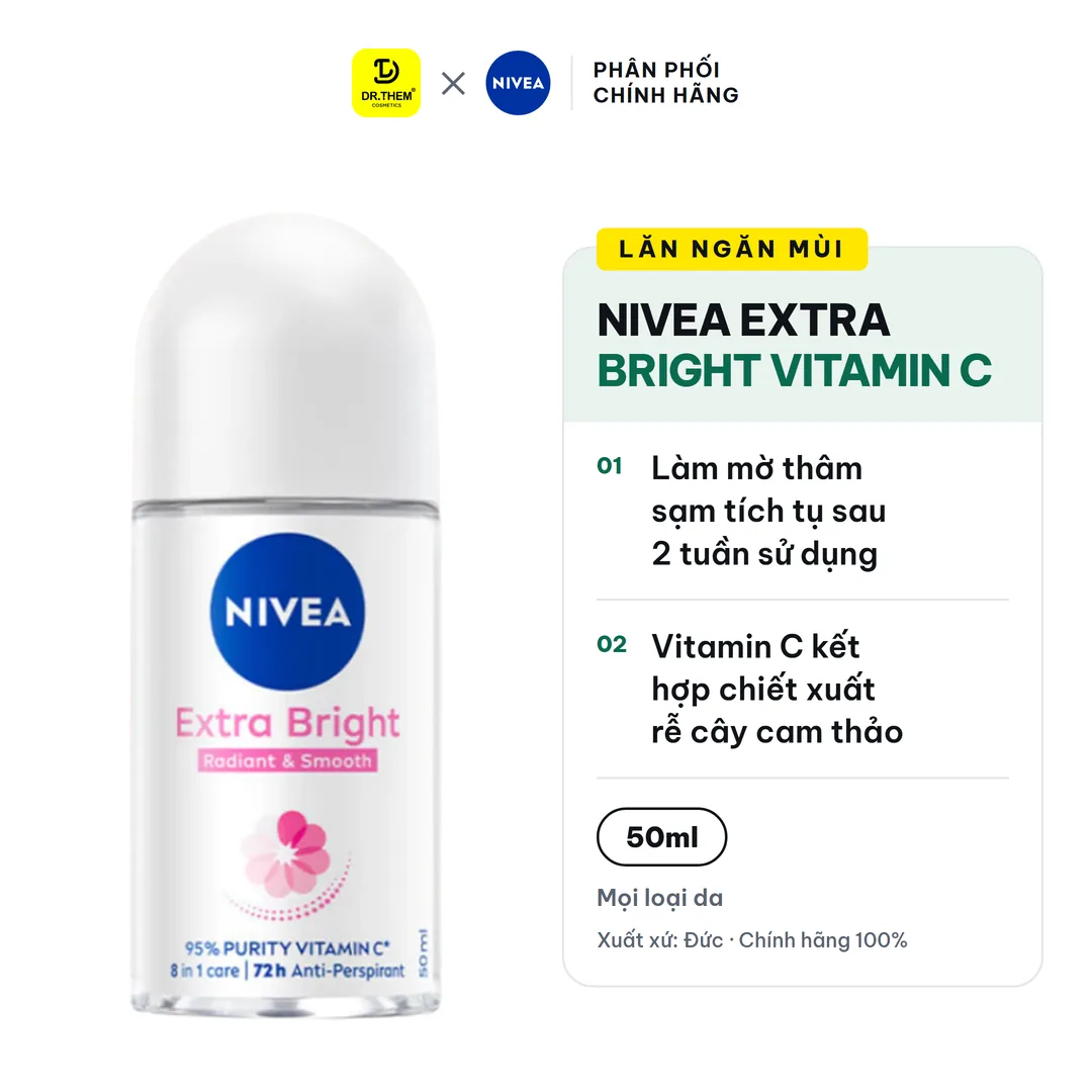 Lăn Ngăn Mùi Nivea Extra Bright Vitamin C Dưỡng Sáng Mịn Hỗ Trợ Giảm Thâm Sạm Ngăn Mùi 72 Giờ 50ml