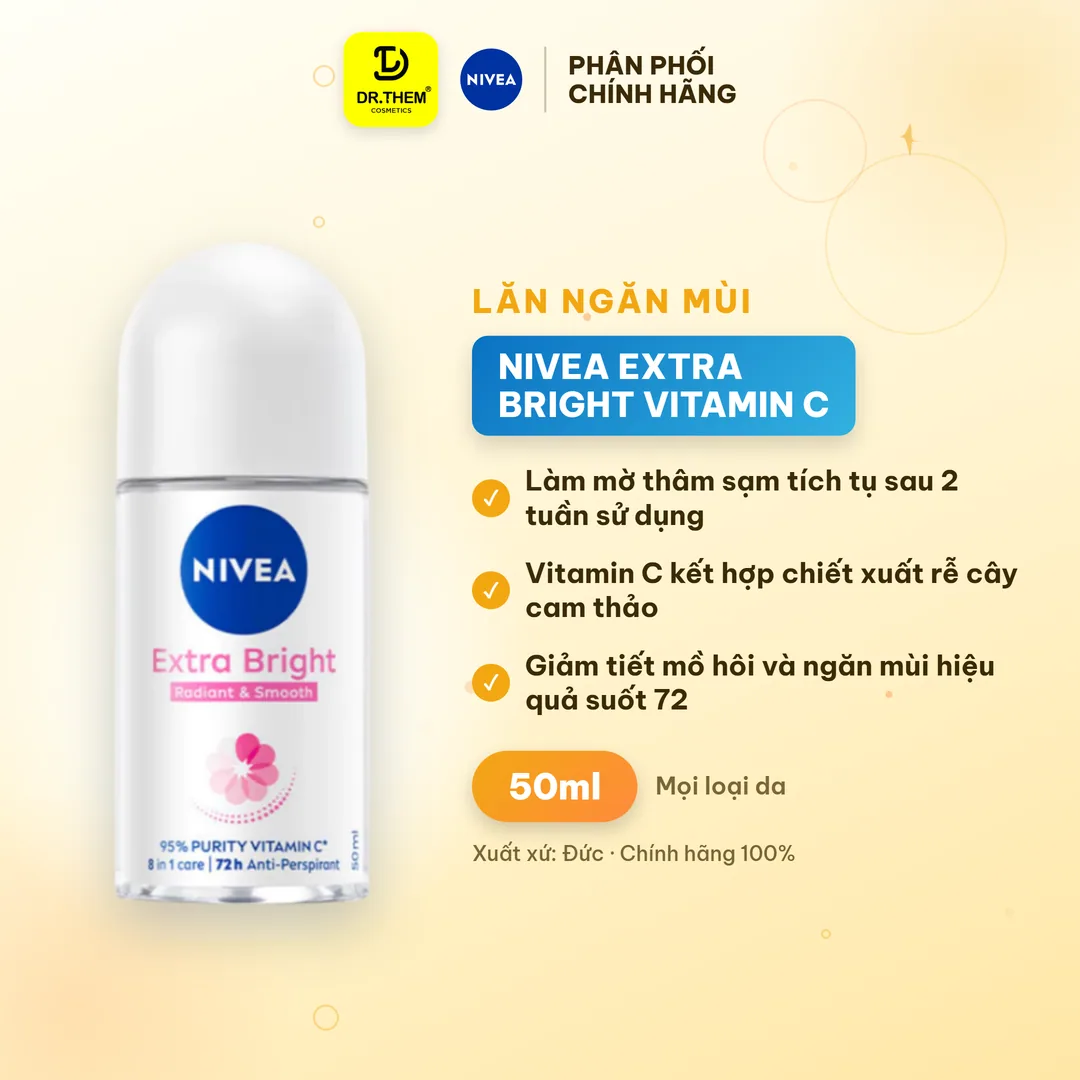 Lăn Ngăn Mùi Nivea Extra Bright Vitamin C Dưỡng Sáng Mịn Hỗ Trợ Giảm Thâm Sạm Ngăn Mùi 72 Giờ 50ml
