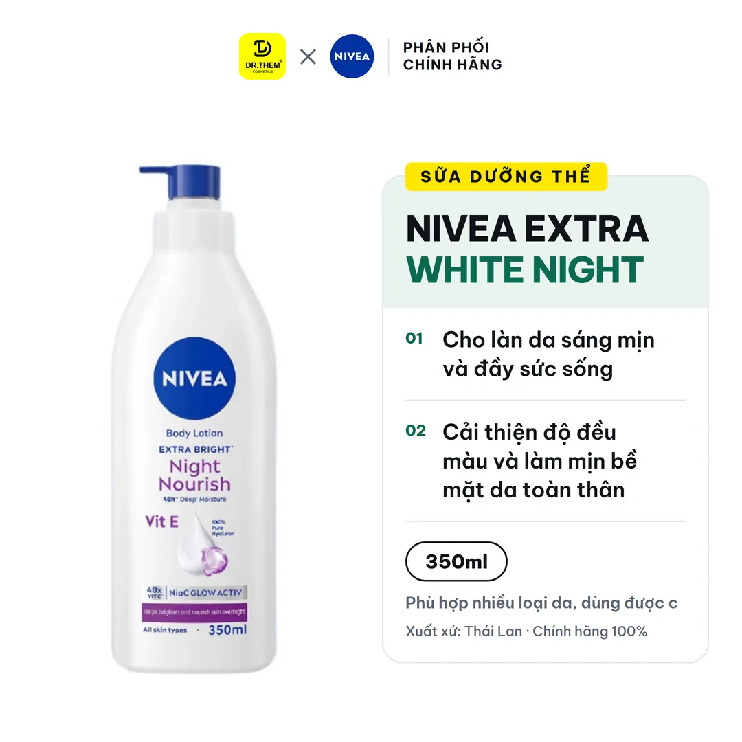 Sữa Dưỡng Thể Nivea Extra White Night Hỗ Trợ Dưỡng Sáng Mịn Da Ban Đêm Với Niacinamide Vitamin C 350ml