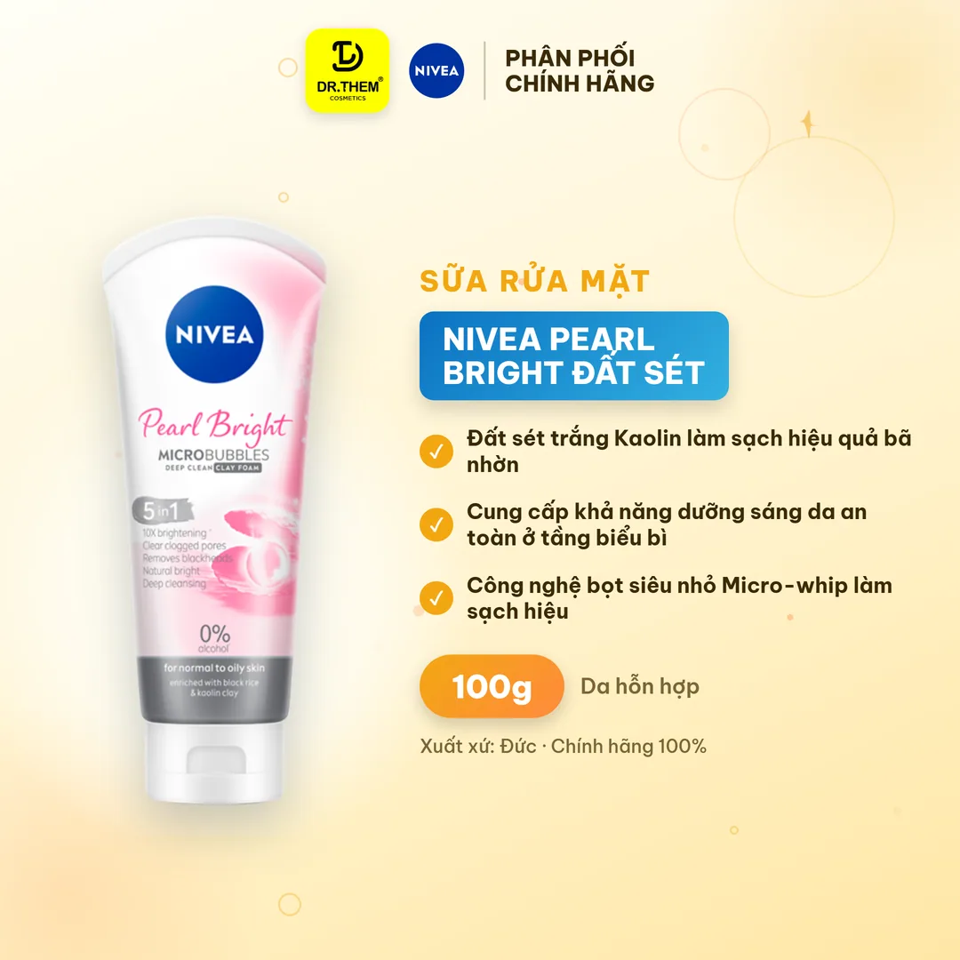 Sữa Rửa Mặt Nivea Pearl Bright Đất Sét Ngọc Trai Làm Sạch Sâu Dưỡng Sáng Da Dành Cho Nữ 100g