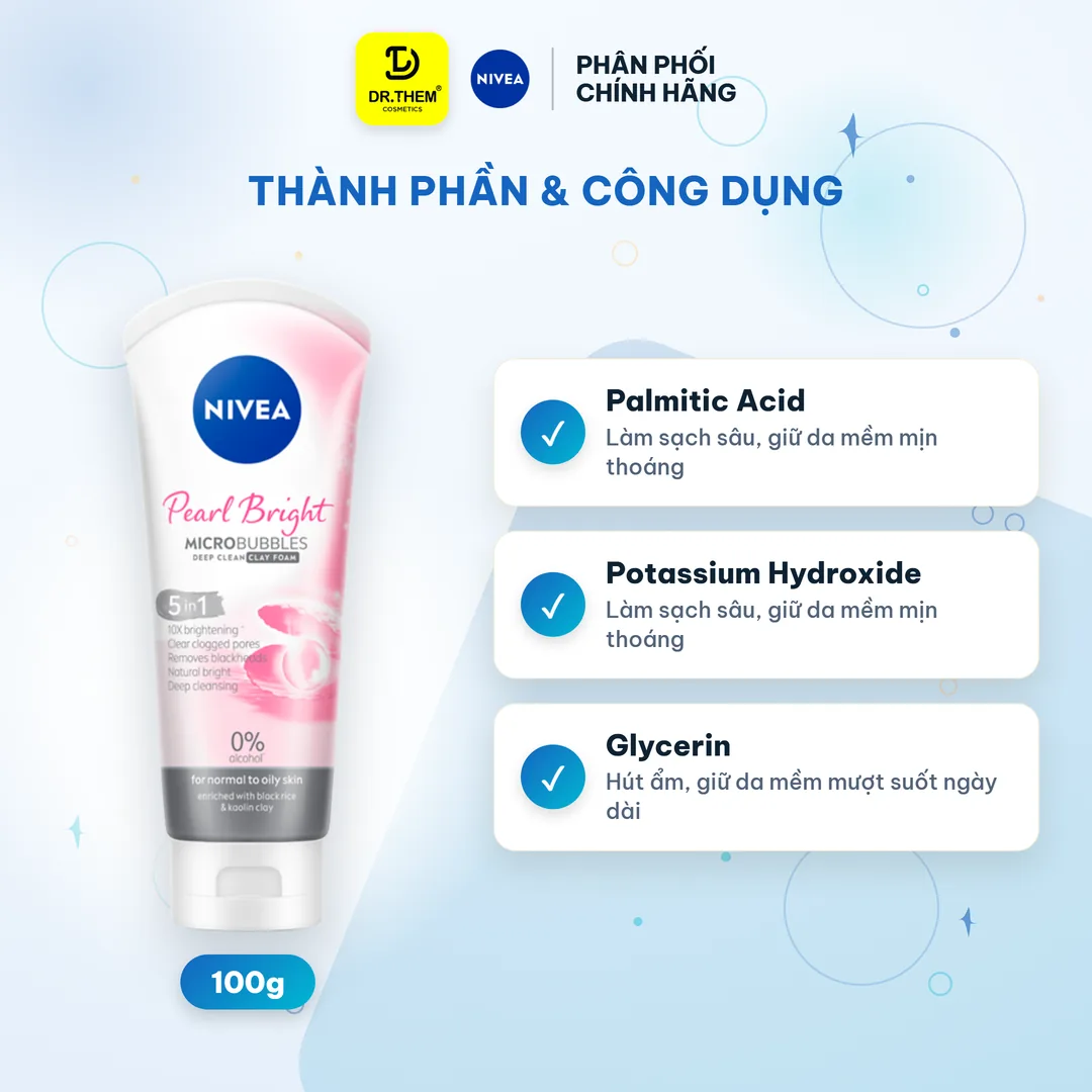Sữa Rửa Mặt Nivea Pearl Bright Đất Sét Ngọc Trai Làm Sạch Sâu Dưỡng Sáng Da Dành Cho Nữ 100g 2