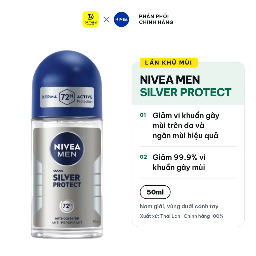 Lăn Khử Mùi Nivea Men Silver Protect Phân Tử Bạc Ngăn Khuẩn Gây Mùi Khô Thoáng Cả Ngày Cho Nam 50ml