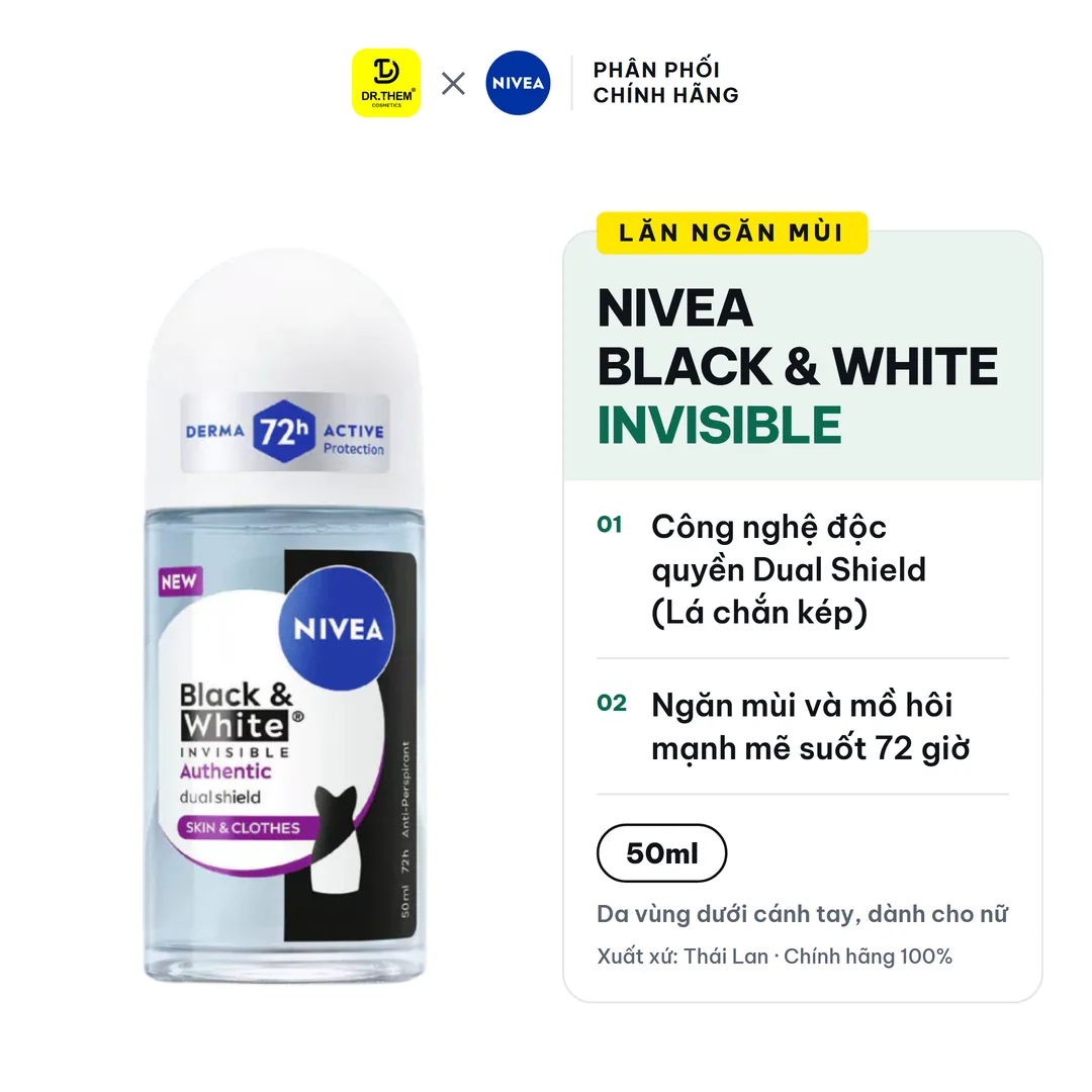 Lăn Ngăn Mùi Nivea Black & White Invisible Authentic Ngăn Mùi Và Mồ Hôi 72 Giờ Hạn Chế Vệt Ố Vàng Vệt Trắng 50ml