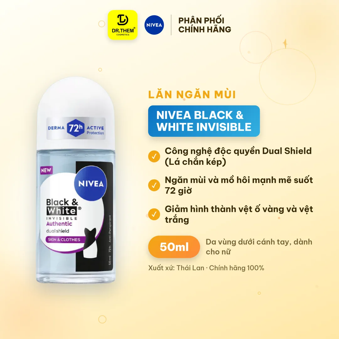 Lăn Ngăn Mùi Nivea Black & White Invisible Authentic Ngăn Mùi Và Mồ Hôi 72 Giờ Hạn Chế Vệt Ố Vàng Vệt Trắng 50ml