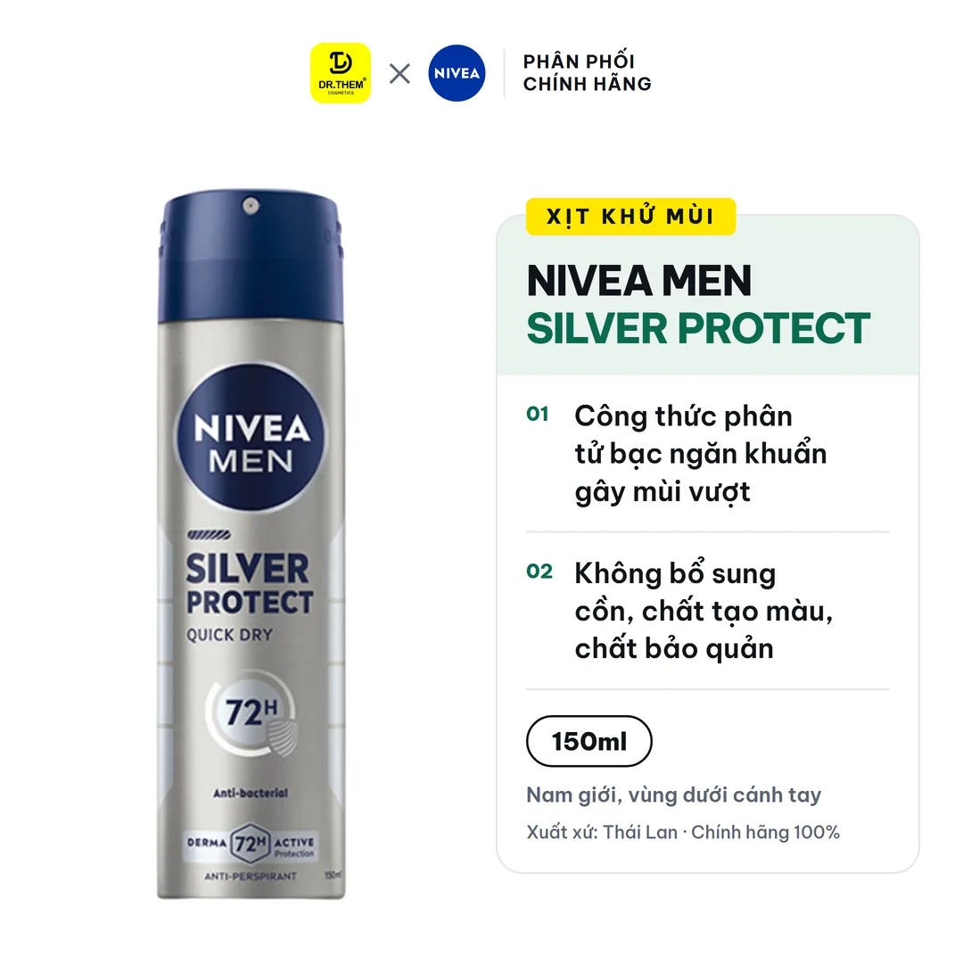 Xịt Khử Mùi Nivea Men Silver Protect Phân Tử Bạc Ngăn Khuẩn Gây Mùi Khô Thoáng Cả Ngày Cho Nam 150ml