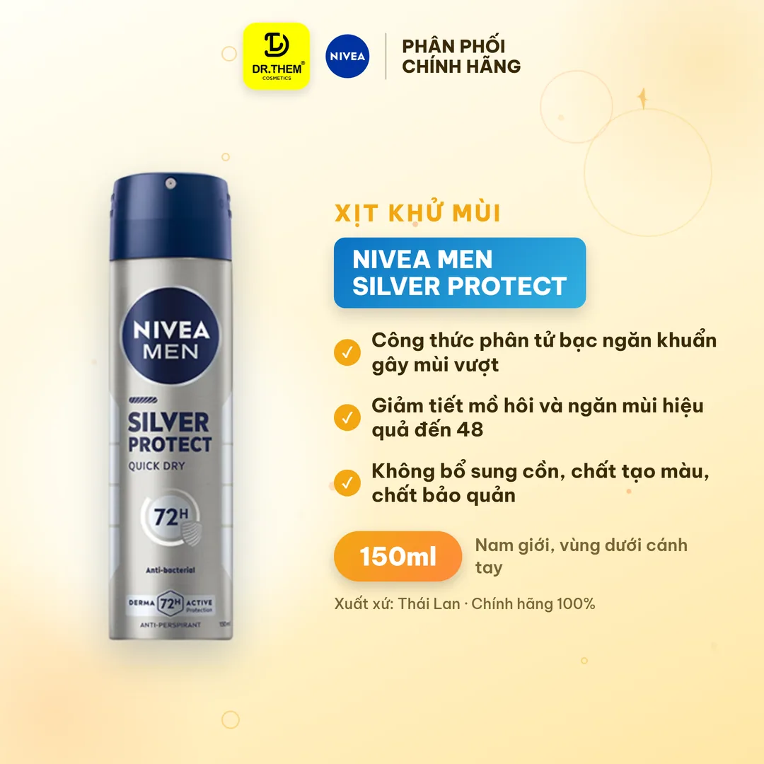 Xịt Khử Mùi Nivea Men Silver Protect Phân Tử Bạc Ngăn Khuẩn Gây Mùi Khô Thoáng Cả Ngày Cho Nam 150ml