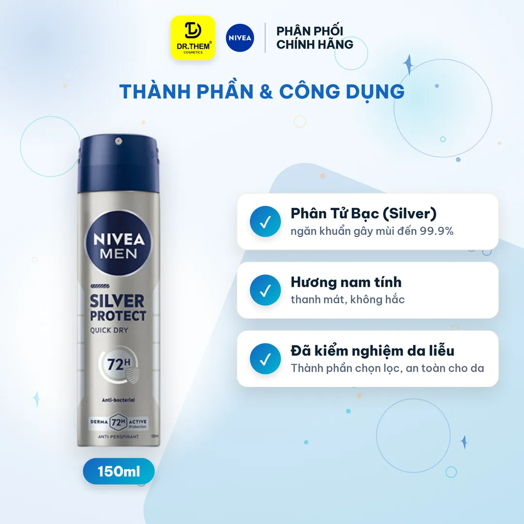 Xịt Khử Mùi Nivea Men Silver Protect Phân Tử Bạc Ngăn Khuẩn Gây Mùi Khô Thoáng Cả Ngày Cho Nam 150ml 2