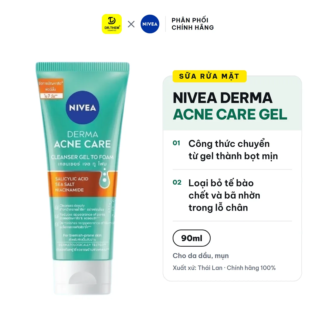 Sữa Rửa Mặt Nivea Derma Acne Care Gel To Foam Làm Sạch Sâu Hỗ Trợ Giảm Mụn Kiểm Soát Nhờn Cho Da Dầu Mụn 90ml