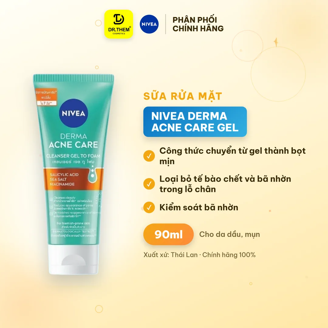 Sữa Rửa Mặt Nivea Derma Acne Care Gel To Foam Làm Sạch Sâu Hỗ Trợ Giảm Mụn Kiểm Soát Nhờn Cho Da Dầu Mụn 90ml
