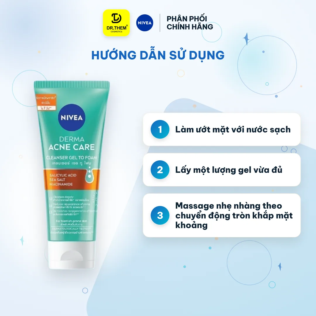 Sữa Rửa Mặt Nivea Derma Acne Care Gel To Foam Làm Sạch Sâu Hỗ Trợ Giảm Mụn Kiểm Soát Nhờn Cho Da Dầu Mụn 90ml 6