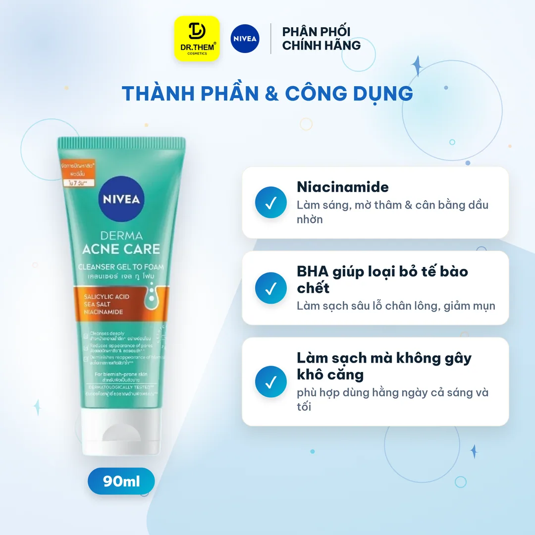 Sữa Rửa Mặt Nivea Derma Acne Care Gel To Foam Làm Sạch Sâu Hỗ Trợ Giảm Mụn Kiểm Soát Nhờn Cho Da Dầu Mụn 90ml 5