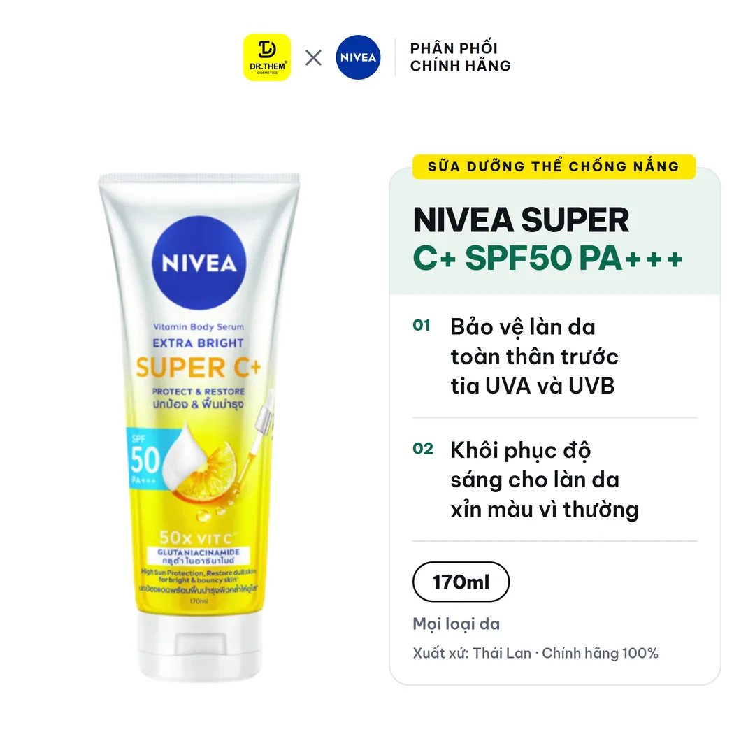 Sữa Dưỡng Thể Chống Nắng Nivea Vitamin Super C+ SPF50 PA+++ Dưỡng Sáng Ngừa Thâm Sạm Cho Toàn Thân 170ml