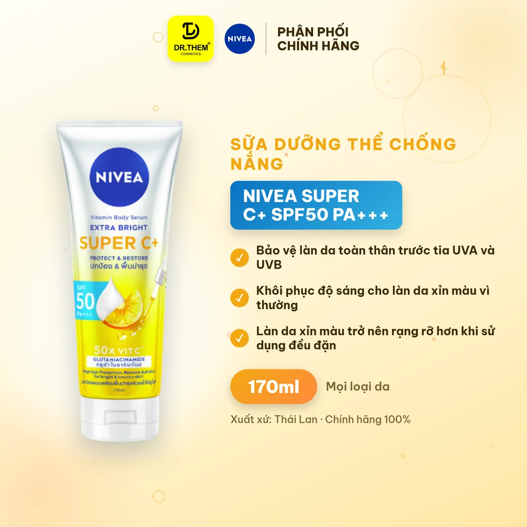 Sữa Dưỡng Thể Chống Nắng Nivea Vitamin Super C+ SPF50 PA+++ Dưỡng Sáng Ngừa Thâm Sạm Cho Toàn Thân 170ml