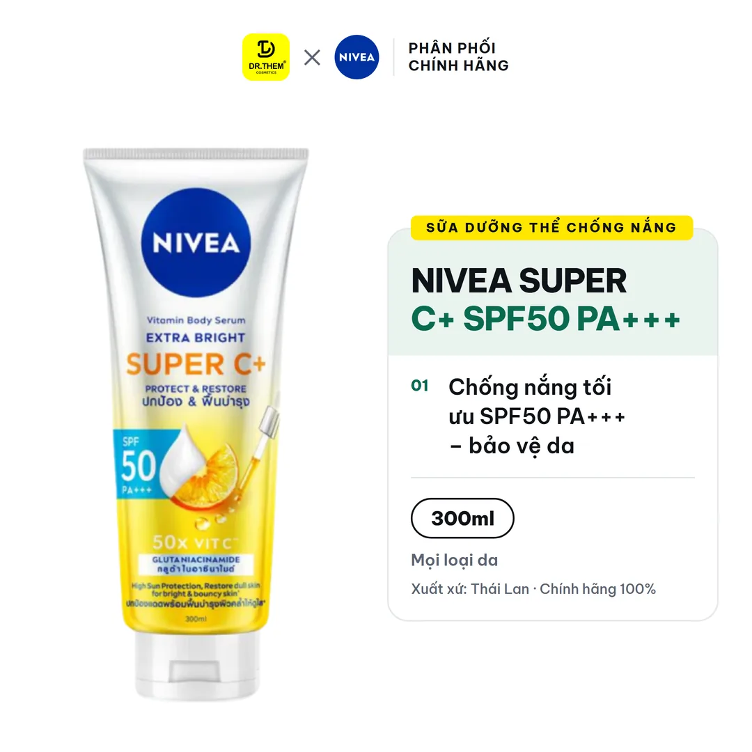 Sữa Dưỡng Thể Chống Nắng Nivea Vitamin Super C+ SPF50 PA+++ 300ml - Dưỡng Sáng, Ngừa Thâm Sạm