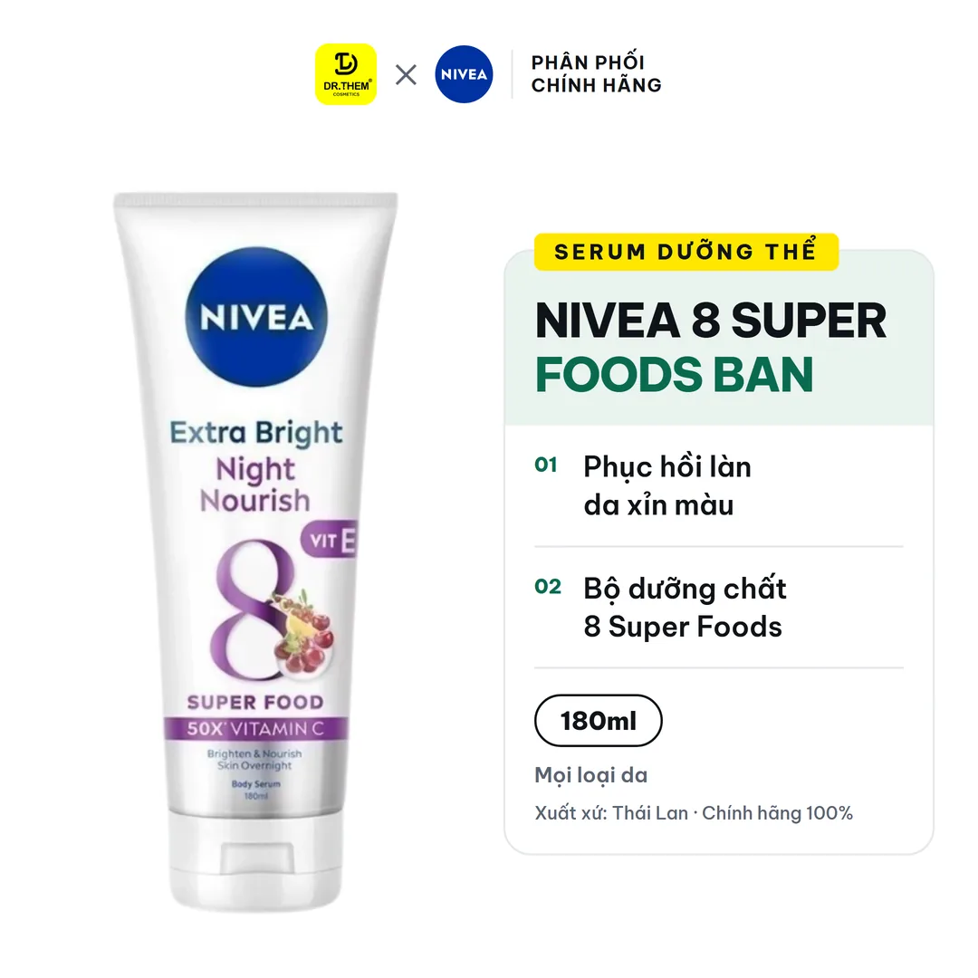 Serum Dưỡng Thể Nivea 8 Super Foods Ban Đêm Hỗ Trợ Phục Hồi Dưỡng Sáng Làm Mờ Đốm Nâu Đều Màu Da 180ml