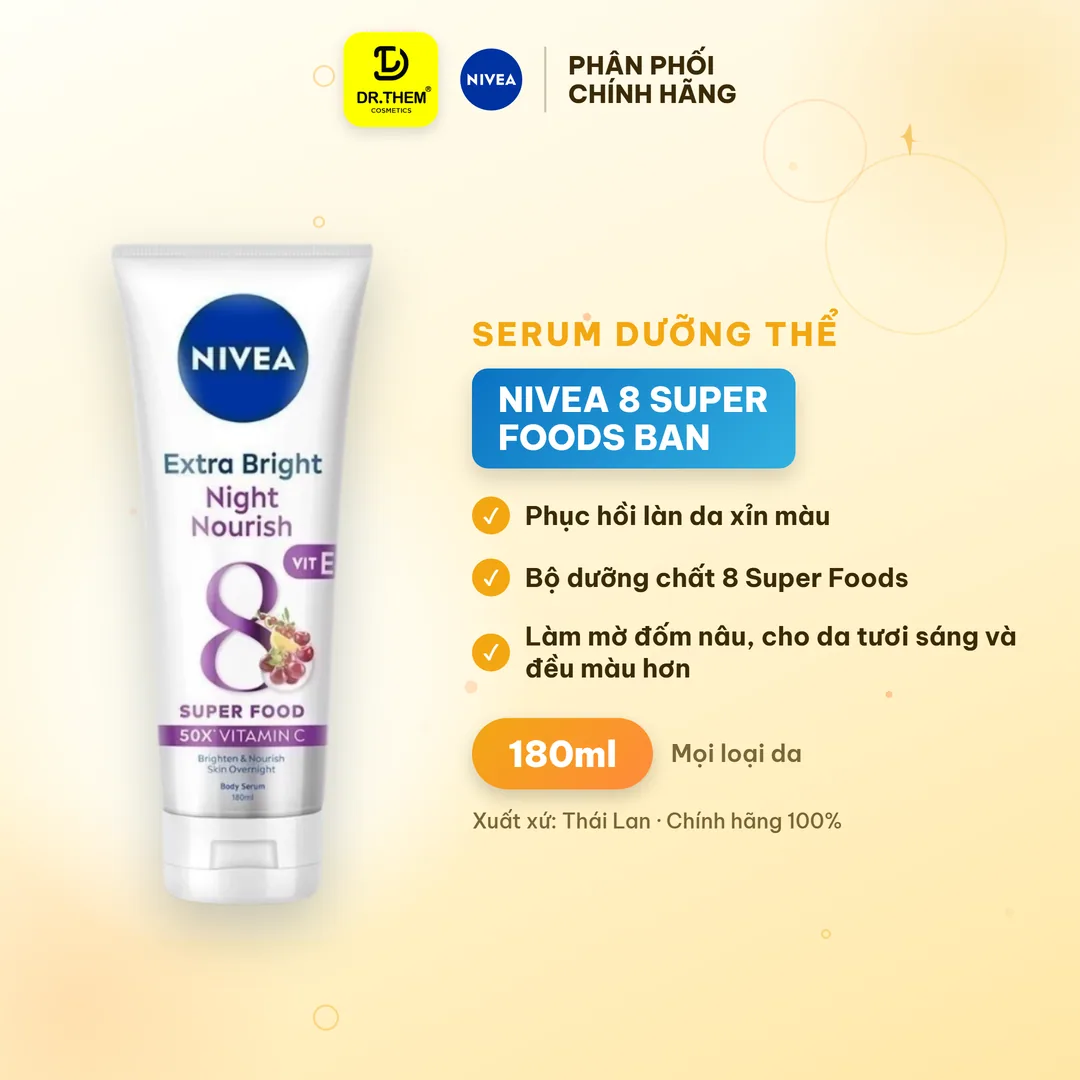 Serum Dưỡng Thể Nivea 8 Super Foods Ban Đêm Hỗ Trợ Phục Hồi Dưỡng Sáng Làm Mờ Đốm Nâu Đều Màu Da 180ml