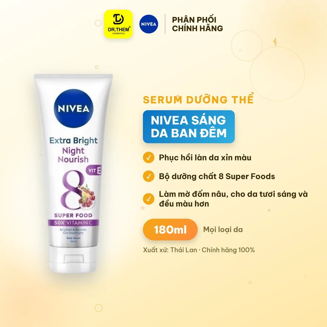 Serum Dưỡng Thể Nivea 8 Super Foods Ban Đêm Hỗ Trợ Phục Hồi Dưỡng Sáng Làm Mờ Đốm Nâu Đều Màu Da 180ml