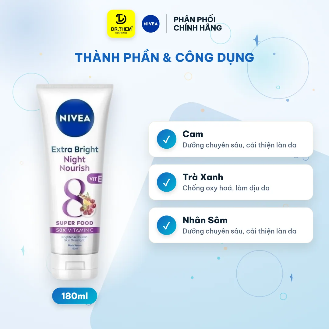 Serum Dưỡng Thể Nivea 8 Super Foods Ban Đêm Hỗ Trợ Phục Hồi Dưỡng Sáng Làm Mờ Đốm Nâu Đều Màu Da 180ml 8