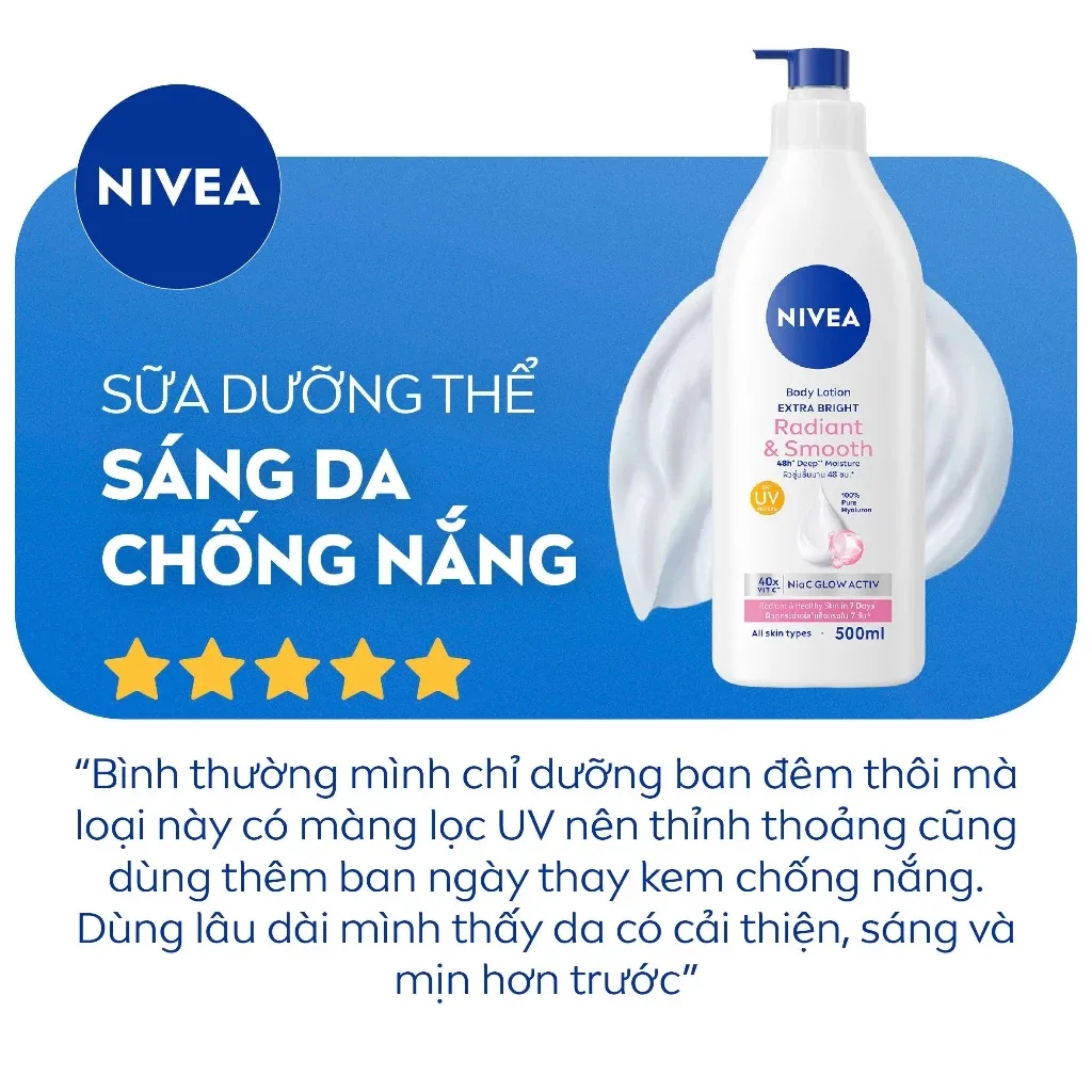 Sữa Dưỡng Thể Nivea Extra Bright Radiant & Smooth Dưỡng Sáng Mịn Da Cấp Ẩm Đều Màu Màng Lọc UV Cho Mọi Loại Da 500ml 8