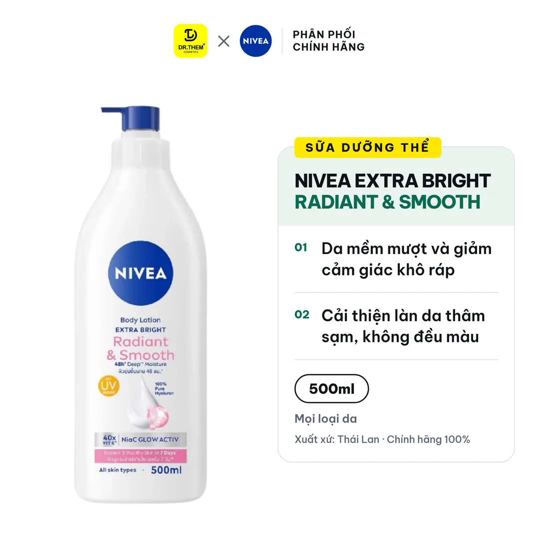 Sữa Dưỡng Thể Nivea Extra Bright Radiant & Smooth Dưỡng Sáng Mịn Da Cấp Ẩm Đều Màu Màng Lọc UV Cho Mọi Loại Da 500ml