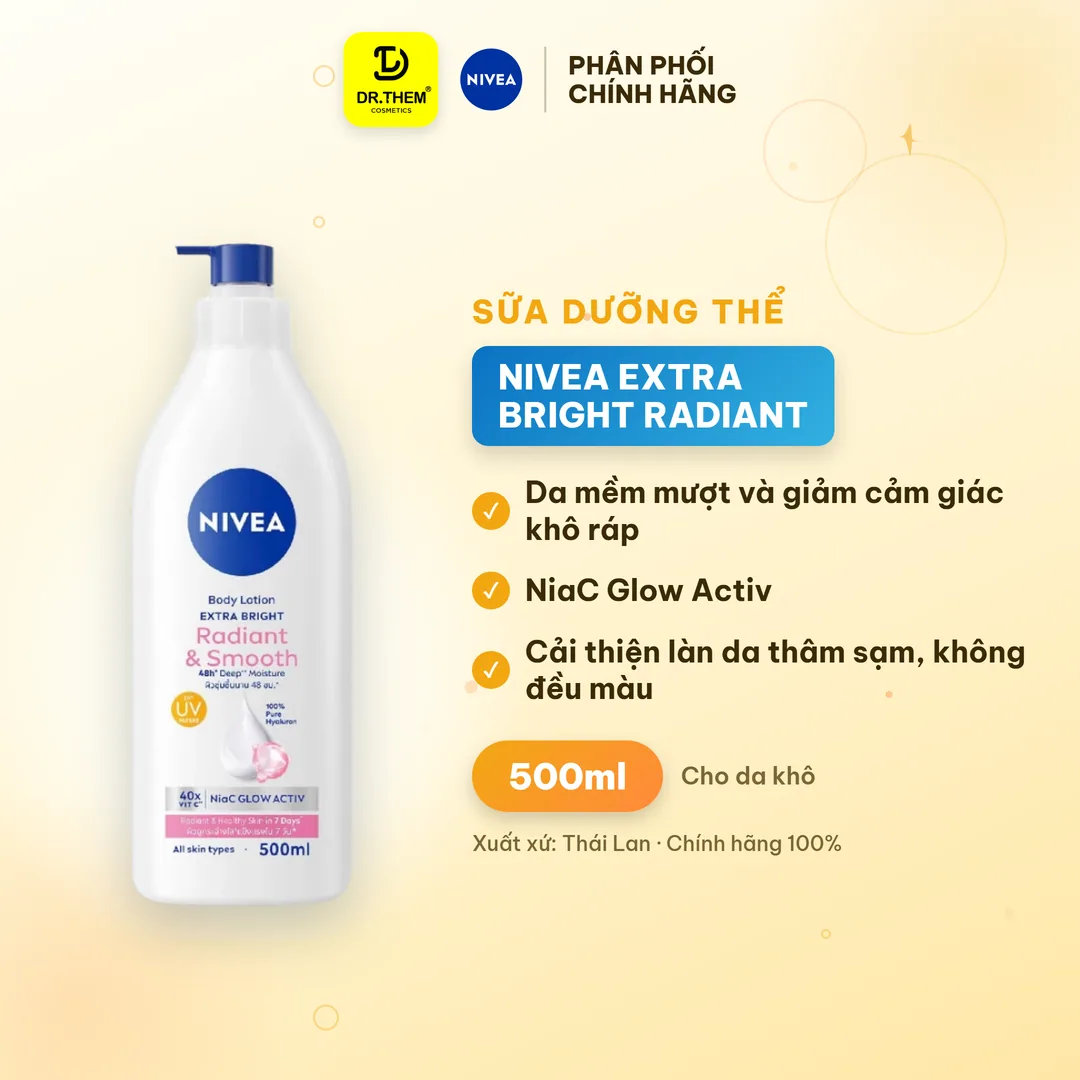 Sữa Dưỡng Thể Nivea Extra Bright Radiant & Smooth Dưỡng Sáng Mịn Da Cấp Ẩm Đều Màu Màng Lọc UV Cho Mọi Loại Da 500ml