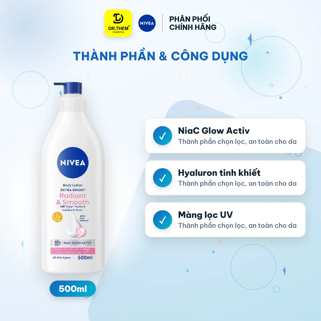 Sữa Dưỡng Thể Nivea Extra Bright Radiant & Smooth Dưỡng Sáng Mịn Da Cấp Ẩm Đều Màu Màng Lọc UV Cho Mọi Loại Da 500ml 8