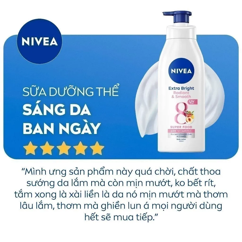 Sữa Dưỡng Thể Nivea Extra Bright Radiant & Smooth 8 Super Foods Dưỡng Sáng Mịn Cấp Ẩm Đều Màu Ban Ngày 350ml 9