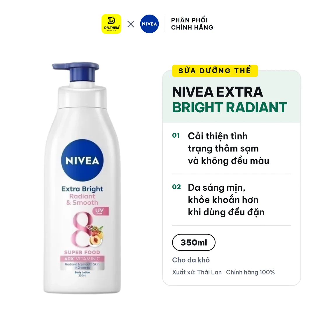 Sữa Dưỡng Thể Nivea Extra Bright Radiant & Smooth 8 Super Foods Dưỡng Sáng Mịn Cấp Ẩm Đều Màu Ban Ngày 350ml