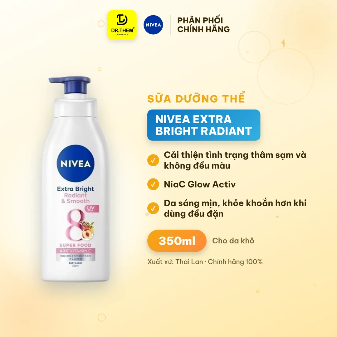 Sữa Dưỡng Thể Nivea Extra Bright Radiant & Smooth 8 Super Foods Dưỡng Sáng Mịn Cấp Ẩm Đều Màu Ban Ngày 350ml