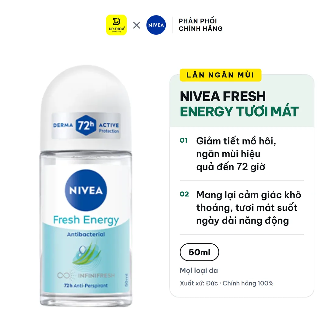 Lăn Ngăn Mùi NIVEA Fresh Energy Tươi Mát Sức Sống Khô Thoáng Ngăn Mùi 72 Giờ Chiết Xuất Sả Không Cồn 50ml