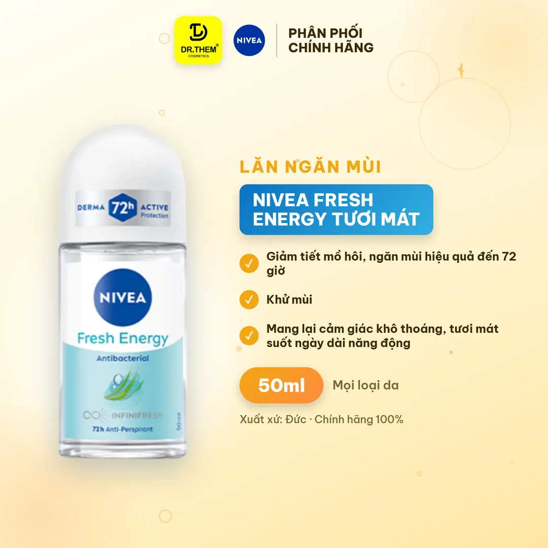 Lăn Ngăn Mùi NIVEA Fresh Energy Tươi Mát Sức Sống Khô Thoáng Ngăn Mùi 72 Giờ Chiết Xuất Sả Không Cồn 50ml
