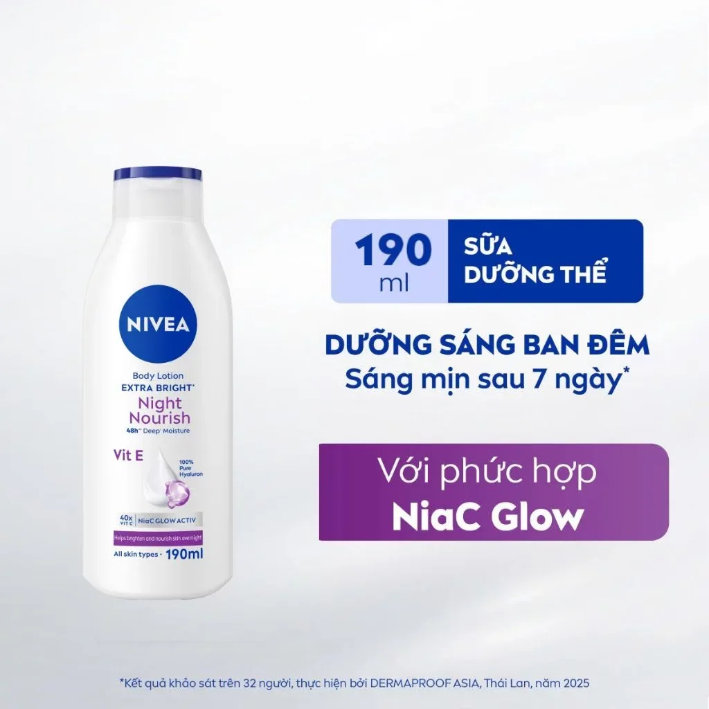 Sữa Dưỡng Thể NIVEA Extra Bright Dưỡng Sáng Và Phục Hồi Ban Đêm Với NiaC Glow Active Cho Mọi Loại Da 190ml 2