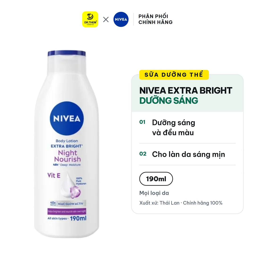Sữa Dưỡng Thể NIVEA Extra Bright Dưỡng Sáng Và Phục Hồi Ban Đêm Với NiaC Glow Active Cho Mọi Loại Da 190ml