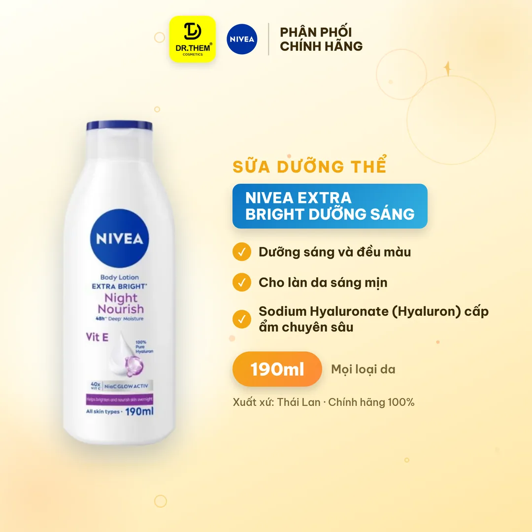 Sữa Dưỡng Thể NIVEA Extra Bright Dưỡng Sáng Và Phục Hồi Ban Đêm Với NiaC Glow Active Cho Mọi Loại Da 190ml