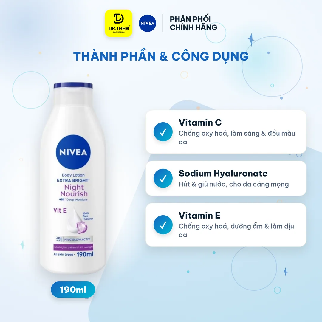 Sữa Dưỡng Thể NIVEA Extra Bright Dưỡng Sáng Và Phục Hồi Ban Đêm Với NiaC Glow Active Cho Mọi Loại Da 190ml 6