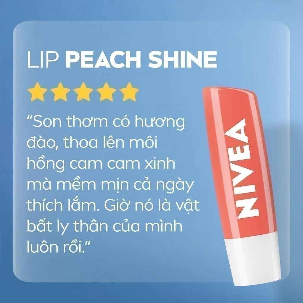 Son Dưỡng Môi Có Màu NIVEA Peach Shine Sắc Cam Hương Đào Dưỡng Ẩm 24 Giờ Cho Môi Mềm Mọng Ửng Hồng 4.8g 5